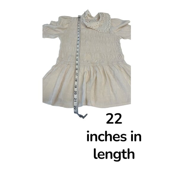 Mine Women’s Blouse Medium Beige Smocked Puff Sleeve Peplum Top Eyelet Peter Pan - Picture 6 of 6